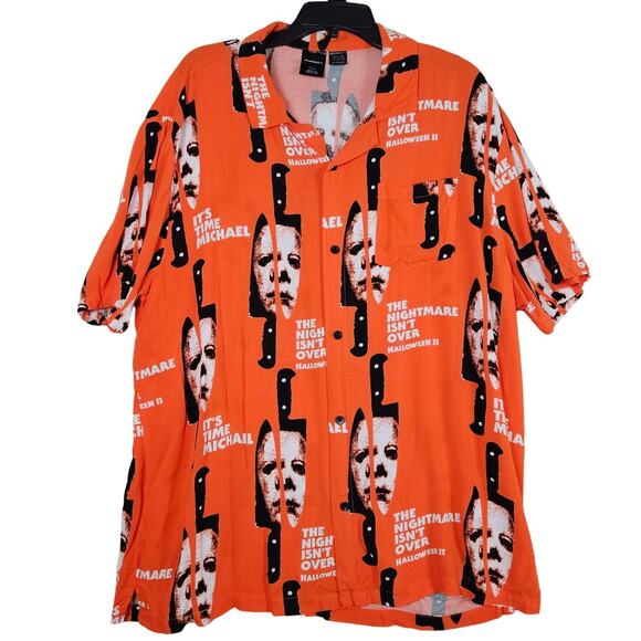 Halloween II Button Up Shirt Mens XXL Orange Michael Myers Horror Movie Slasher - Picture 1 of 8